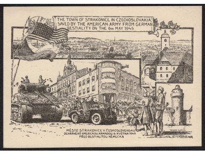 ČSR II 1945, ⌧︎ pohlednice Příjezd americké armády do Strakonic, se sérií známek