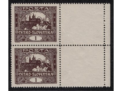 ČSR I 1918, Pof. 1C, xx 1 h Hradčany, 2-páska ze ZP 70+80/2, s DV (čárkou) na pravém okraji ZP 80, s "kupony"