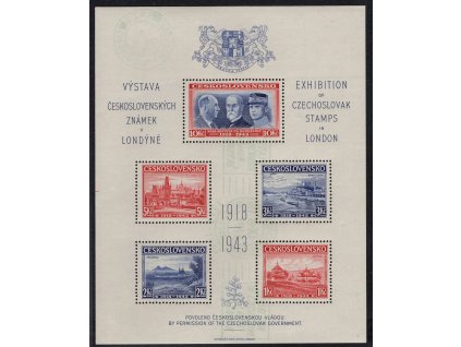 ČSR I 1943, O Londýnský aršík, desky CC, stádium perforačního rámce č. 5, na ZP 4 a 5 vychýlené PO, strojové razítko - svisle + ruční, slabší otisky, svěží lep