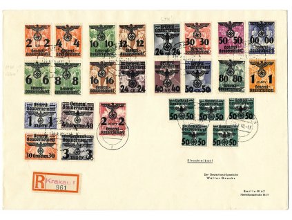 Generální gubernie (Generalgouvernement) 1940, Mi. 14-39, ⌧︎ vyplacený celou sérií přetisk, obsahuje hledaný I. typ 24/25 g (linkované pozadí) a na 6/10 g DV "křídlo", filatelistická frankatura ale dopis prošlý, dodací razítko vzadu