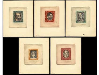 Maďarsko 1919, Mi. 261-5, (x) Revolucionáři, kompletní série 5 leptů s původními obrazy známek, ale odlišnými hodnotami, rozměr listů 16x19 cm, rozměr obrazů 5x6 cm, každý s podpisem autora