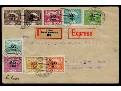 ČSR I SO 1920, Pof. SO 1->, R+Ex⌧︎ správně vyplacený 1,40 Kč, adresovaný na vysokého vládního úředníka (později blízkého spolupracovníka premiéra Eliáše), odeslaný členkou čs. delegace v plebiscitní komisi(!), zcela mimořádné