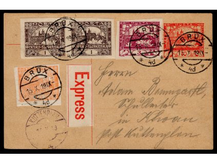 ČSR I 1919, Pof. 1->, CU 10 h Hradčany, Expres, správně vyplacená 75 h, dodací razítko Chodová Planá