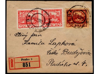 ČSR I 1919, R-⌧︎ vyplacený 100 h Hradčany - zkusmý tisk na makulaturním papíru a dofr., dodací razítko