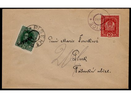 ČSR I 1919, ⌧︎ s rakouskou frankaturou a nouzovou doplatní rakouského původu, podací a dodací razítko