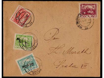 ČSR I 1919, ⌧︎ s výplatní a třemi nouzovými doplatními Hradčany, podací a dodací razítko