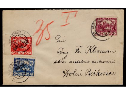 ČSR I 1919, ⌧︎ s výplatní a dvěma nouzovými doplatními Hradčany, podací a dodací razítko