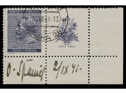 BuM 1941, Pof. 62K, O 60 h Dvořák, s podpisem autora plastiky O. Španiel, zk. Gilbert