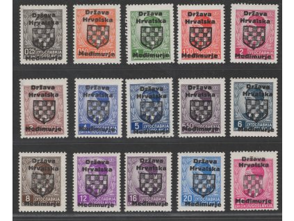 Chorvatsko - Medimurje (Čakovec) 1941, Kat. Barbad č. I-XV, xx/x přetisk, z toho I-XIV varianta "a" (I. typ), všechny xx, č. XV varianta "b" (II. typ) se stopou po nálepce, všechny se starou obchodní značkou