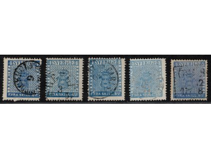 Švédsko 1855, Mi. 2, O 4 sk, 5 kusů - různé odstíny barvy