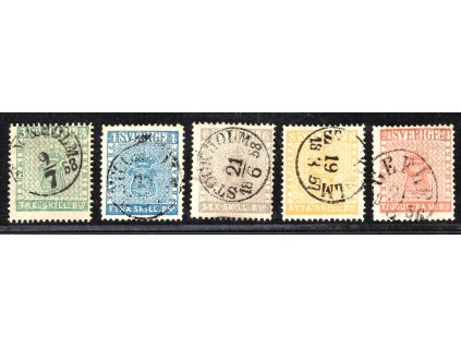 Švédsko 1855, Mi. 1-5, O I. emise, vybrané kusy, 3 sk zk. Rieger, 6 sk zn. Senf, v této jakosti zcela ojedinělá nabídka!
