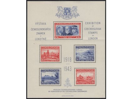 ČSR I 1943, xx Londýnský aršík, desky A/C, stádium perforačního rámce č. 1, méně častá kombinace, vodorovně slabě přeložený, vl, v rohu ztenčený