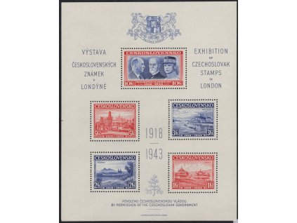 ČSR I 1943, xx Londýnský aršík, desky C/C, stádium perforačního rámce č. 1, vlevo čárky rozměřovacích křížků