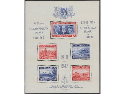 ČSR I 1943, xx Londýnský aršík, desky C/C, stádium perforačního rámce č. 1, nažloutlé pruhy na lepu