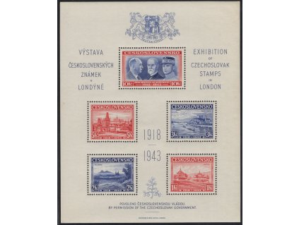 ČSR I 1943, xx Londýnský aršík, desky D/D, stádium perforačního rámce č. 2, méně častá kombinace, dvl