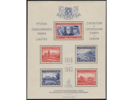 ČSR I 1943, xx Londýnský aršík, desky A/C, stádium perforačního rámce č. 3, nahnědlý lep, vlevo stopa čárky rozměřovacích křížků