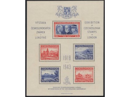 ČSR I 1943, xx Londýnský aršík, desky B/D, stádium perforačního rámce č. 3, nahnědlý lep, skvrnka, vlevo stopa čárky rozměřovacích křížků