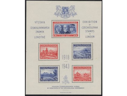 ČSR I 1943, xx Londýnský aršík, desky C/C, stádium perforačního rámce č. 3, skvrnka