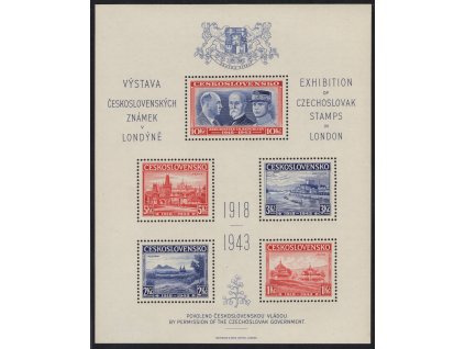 ČSR I 1943, xx Londýnský aršík, desky D/D, stádium perforačního rámce č. 3, nahnědlý lep