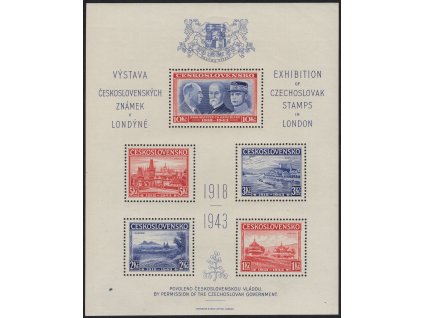 ČSR I 1943, xx Londýnský aršík, desky A/C, stádium perforačního rámce č. 4, v rohu dřívko v papíru