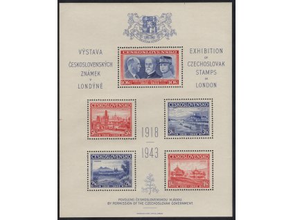 ČSR I 1943, xx Londýnský aršík, desky A/C, stádium perforačního rámce č. 4, nahnědlý lep