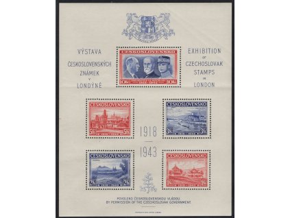 ČSR I 1943, x Londýnský aršík, desky A/C, stádium perforačního rámce č. 4, vodorovně přeložený, lomy v rohu, vl