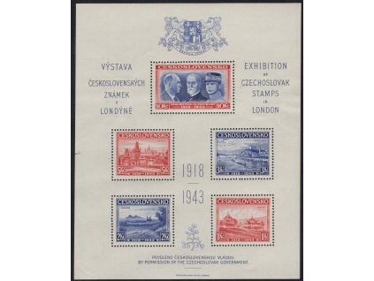 ČSR I 1943, x Londýnský aršík, desky C/C, stádium perforačního rámce č. 4, méně běžná kombinace, těžké nálepky, vlevo čárky rozměřovacích křížků