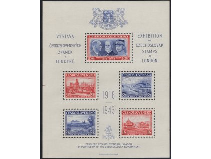 ČSR I 1943, xx Londýnský aršík, desky C/C, stádium perforačního rámce č. 4, méně běžná kombinace, vlevo čárky rozměřovacích křížků