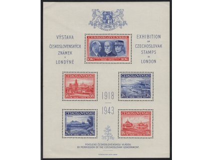 ČSR I 1943, xx Londýnský aršík, desky A/C, stádium perforačního rámce č. 5, méně běžná kombinace, dv