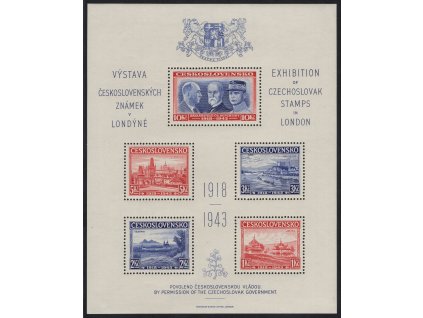 ČSR I 1943, xx Londýnský aršík, desky A/C, stádium perforačního rámce č. 5, méně běžná kombinace