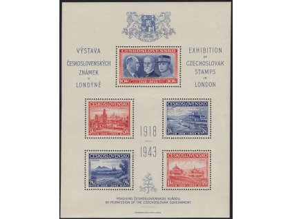 ČSR I 1943, xx Londýnský aršík, desky B/D, stádium perforačního rámce č. 5, méně běžná kombinace, vl