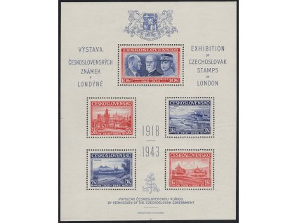 ČSR I 1943, xx Londýnský aršík, desky C/C, stádium perforačního rámce č. 5, málo běžná kombinace, dole čárky rozměřovacích křížků