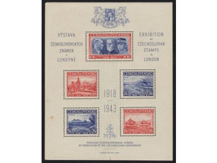 ČSR I 1943, O Londýnský aršík, desky D/D, stádium perforačního rámce č. 5, dole čárky rozměřovacích křížků, skvrny, slabý otisk zeleného strojového razítka, xx lep, dv