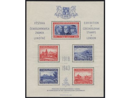 ČSR I 1943, O Londýnský aršík, desky B/D, stádium perforačního rámce č. 7, málo běžná kombinace, skvrnka, lomy v rohu, slabý otisk zeleného strojového razítka