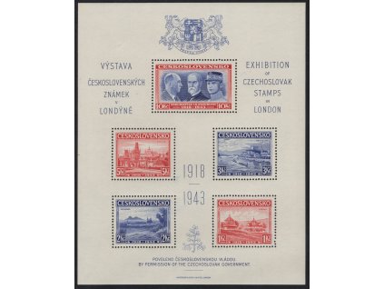 ČSR I 1943, xx Londýnský aršík, desky C/C, stádium perforačního rámce č. 7, majetnická značka