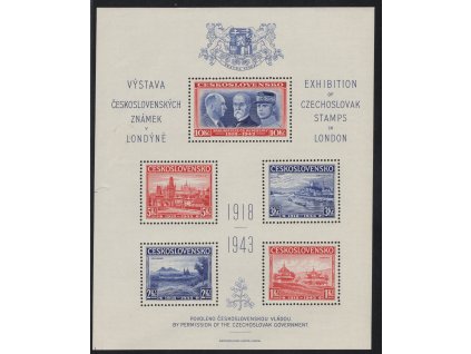 ČSR I 1943, xx Londýnský aršík, desky D/D, stádium perforačního rámce č. 7, vlevo dole čárky rozměřovacích křížků, natržený