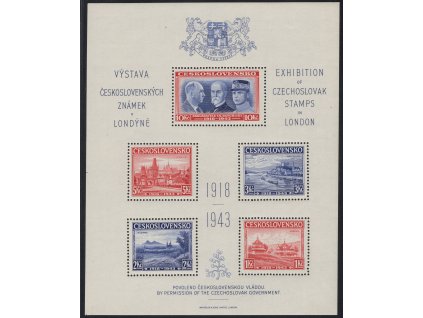 ČSR I 1943, xx Londýnský aršík, desky D/D, stádium perforačního rámce č. 7, vlevo a dole vlevo čárky rozměřovacích křížků - ojedinělé