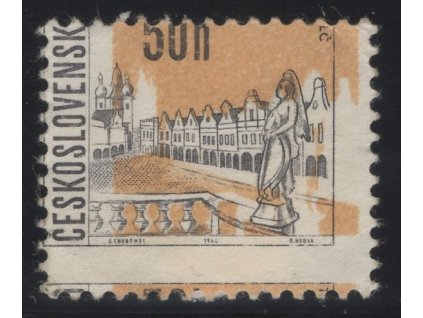 ČSR II 1966, Pof. 1564, x 50 h Telč, VV4 - posun hnědé i zoubkování, na lepu velké stopy po přilepení na papír