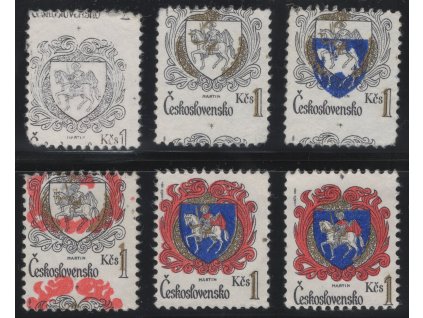 ČSR II 1984, Pof. 2637, (x) 1 Kčs Martin, sestava 6 kusů - posuny zoubkování a vzájemné posuny barev, stav po skartaci