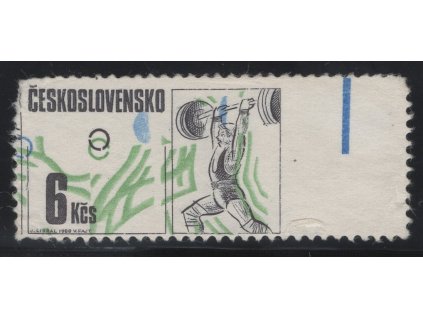 ČSR II 1988, Pof. 2828, (x) 6 Kčs OH, bez červené a růžové HT barvy, výrazný posun modré a zelené, výrazný posun zoubkování až do třetiny obrazu známky, vpravo modrý pruh, stav po skartaci