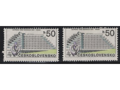ČSR II 1988, Pof. 2853, (x) 50 h Praha - současná, dva kusy s posunem zoubkování - nahoře až do obrazu známky, z toho jeden s posunem modré, dv