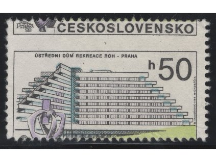 ČSR II 1988, Pof. 2853, (x) 50 h Praha - současná, výrazný posun zoubkování - název státu nahoře místo dole, posun modré, stav po skartaci