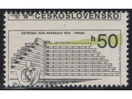 ČSR II 1988, Pof. 2853, (x) 50 h Praha - současná, bez modré a fialové HT barvy, velmi výrazný posun zelené, velký posun zoubkování - název státu nahoře místo dole, stav po skartaci