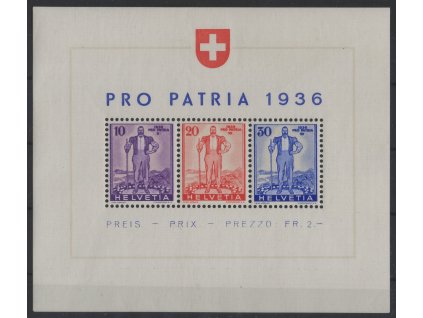 Švýcarsko 1936, Mi. Bl. 2 (294-6), xx aršík Pro Patria
