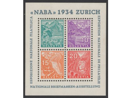 Švýcarsko 1934, Mi. Bl. 1 (271-4), x aršík NABA, těžší stopy po nálepkách