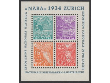 Švýcarsko 1934, Mi. Bl. 1 (271-4), x aršík NABA, nepatrná stopa po nálepce