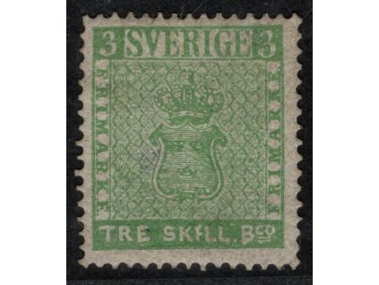 Švédsko 1855, Mi. 1 - novotisk s původním Hz 14, x 3 sk, opravený lep