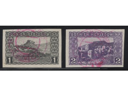 Rakousko - Bosna Hercegovina 1906, Mi. 29 a 30, O 1 a 2 h Výplatní, nezoubkované, s červeným razítkem