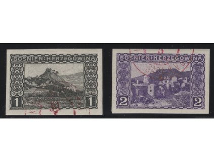 38146 rakousko bosna hercegovina 1906 mi 29 a 30 o 1 a 2 h vyplatni nezoubkovane s cervenym razitkem s lepem dv