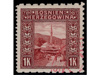 Rakousko - Bosna a Hercegovina 1906, Mi. 42, O 1 K, Řz 6:9:6:12, červené razítko